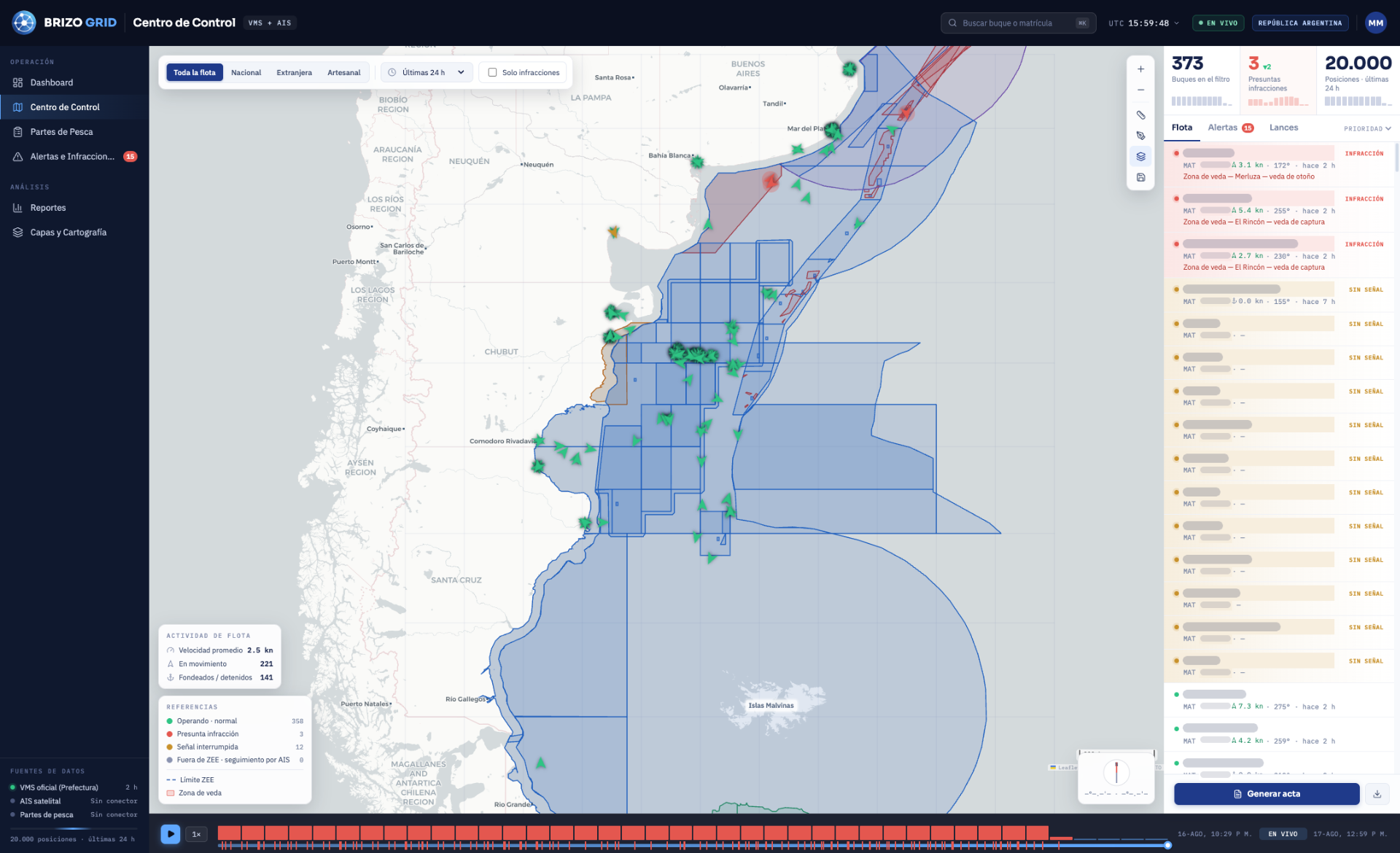 Centro de Control de Brizo Grid: mapa con posiciones VMS de la flota nacional, buques extranjeros por AIS, zonas de veda y panel de alertas recientes.