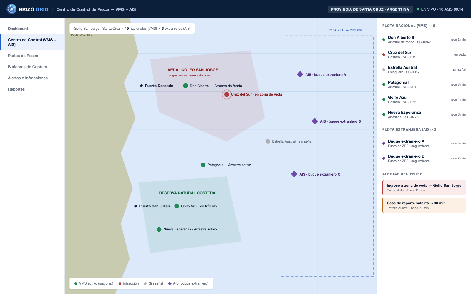 Centro de Control de Brizo Grid: mapa con posiciones VMS de la flota nacional, buques extranjeros por AIS, zonas de veda y panel de alertas recientes.